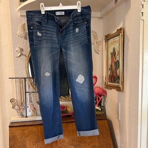 Express Modern Boyfriend Dark Blue Distressed Ankle Jeans